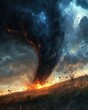 © Frame - A dramatic tornado spirals upward against a fiery sunset backdrop.