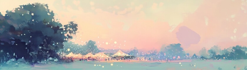 Wall Mural - A serene landscape featuring tents in a soft, dreamy setting at dusk.