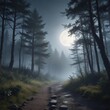 © Kingphet - Foggy forest path leading to a clearing under a full moon , forest, darkness, path