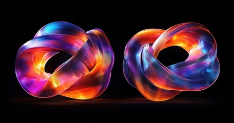 Poster - Dynamic Abstract Sculpture of Vibrant Twisted Ribbons in Motion with Glossy Texture against Black Background