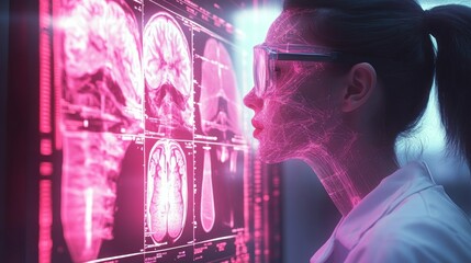 Female doctor analyzes brain scans on digital display using futuristic technology.