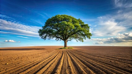 Wall Mural - plowed field with a lone oak tree, nature, landscape, agriculture, rural, countryside, growth, solit