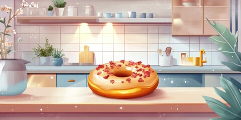 Wall Mural - A beautifully decorated donut on a kitchen counter, surrounded by a cozy atmosphere.