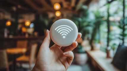 Canvas Print - A person is holding a white object with a wifi symbol on it. The wifi symbol is surrounded by a white circle. Concept of connectivity and communication