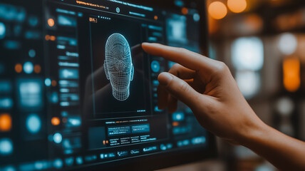 Wall Mural - a person is pointing at a face on a computer screen. the face is a digital representation of a perso