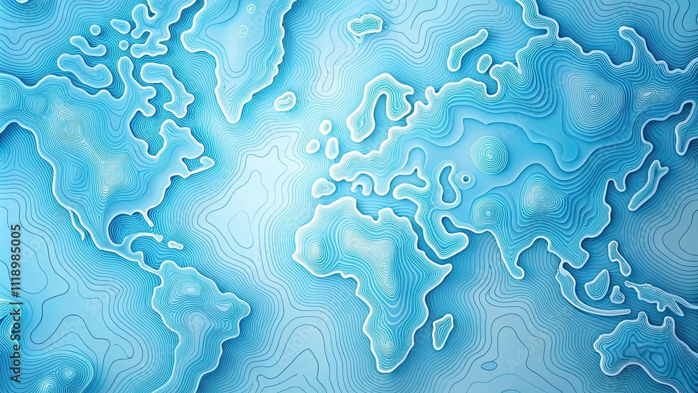 Abstract topographic pattern resembling a map in shades of light blue ...
