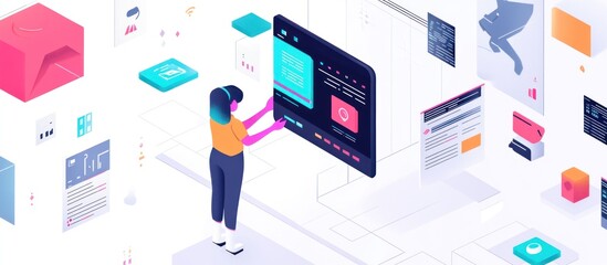 Wall Mural - woman uses vr headset to interact with a large digital interface surrounded by various digital eleme