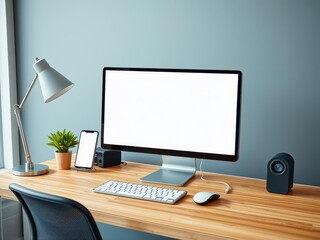 Wall Mural - a realistic laptop and smartphone mockup arrangement on a wooden desk with a blank screen for custom