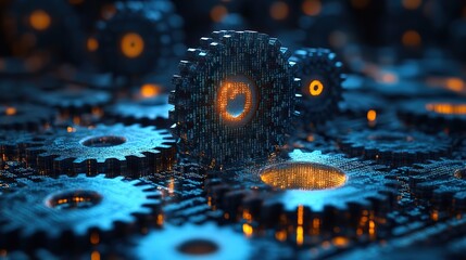 Gears and binary code on a blue background, representing a technological system