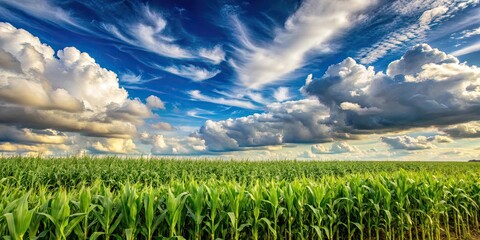 Wall Mural - corn field with a vast sky and fluffy clouds, corn, field, agriculture, rural, landscape, farming, c
