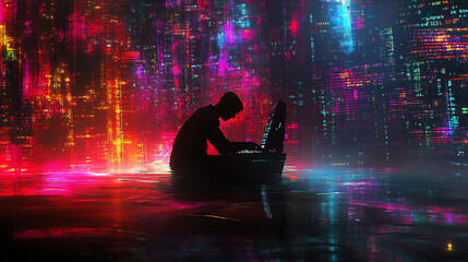 silhouette of person coding at night with colorful digital background.