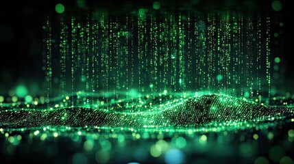Green binary code flows down like water, with glowing numbers against a black background