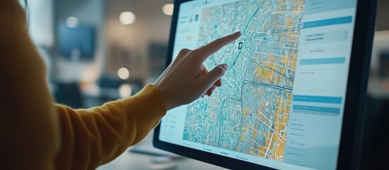 Woman's hand points at a location on a digital map displayed on a computer screen.