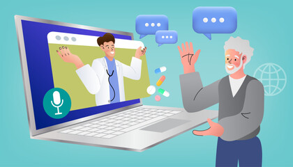 Wall Mural - doctor with laptop, medical onlineม Online treatment for elderly patients