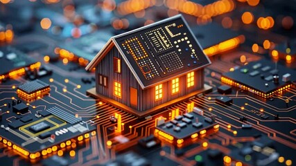 Aufkleber - A futuristic representation of a smart home sits atop a digital circuit board, illuminating with warm light against a backdrop of intricate electronic patterns, showcasing innovation in real estate.