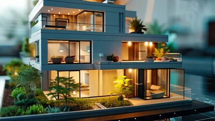 Poster - This stunning model displays a contemporary estate with large windows, sleek lines, and beautiful greenery. Perfectly illuminated, it emphasizes thoughtful architectural design and landscaping.