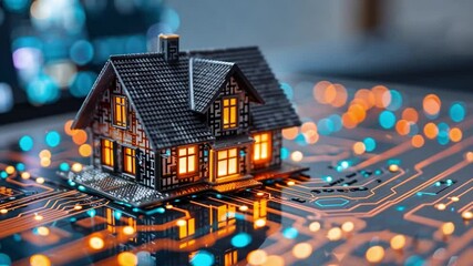 Aufkleber - This visual highlights a miniature house illuminated with warm lights, positioned on a colorful circuit board.
