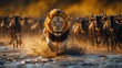© paulus - Majestic male lion charging through wildebeest herd at sunset.