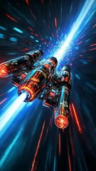 Wall Mural - Futuristic spacecraft traveling through a vibrant tunnel of light in a distant galaxy during high-speed motion