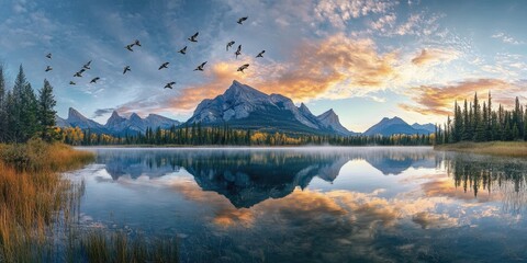 Wall Mural - A dramatic, wide-angle shot of birds in motion above a lake with crystal-clear reflections of the surrounding mountains and colorful morning sky. 