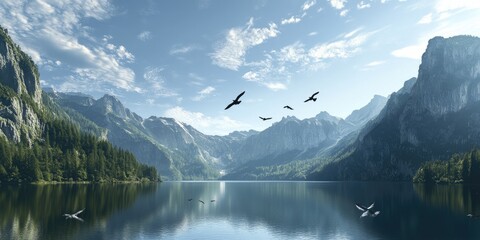 Wall Mural - A dynamic image of birds flying over a lake situated in a deep valley, with steep, forested mountains rising on either side. 