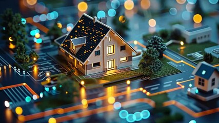 Aufkleber - A contemporary smart estate is showcased at night, glowing warmly amid a digital landscape. Surrounding roads and lights reflect the advancement of technology and innovative design.