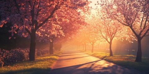 Wall Mural - A magical spring avenue bathed in the warm glow of golden hour, with blooming trees casting long shadows and a peaceful, almost dreamlike atmosphere. 