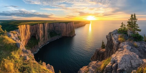 Wall Mural - A panoramic view from a high cliff, showcasing a sweeping coastline under a rich sunset sky, with the ocean sparkling and the cliffs casting long shadows. 