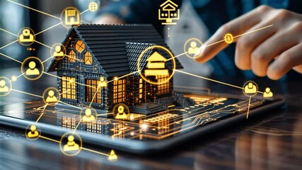 Aufkleber - A hand interacts with a tablet showcasing a virtual model of a property. AI elements and symbols related to real estate management surround the digital house, illustrating innovative technology use.