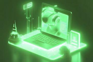 A 3D icon of a coder portrait with a laptop coding tags and circuit board in a neon green and white theme