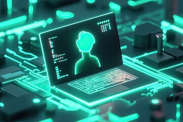 A 3D icon of a coder portrait with a laptop coding tags and circuit board in a neon green and white theme