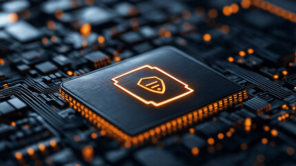 Leinwandbilder - high resolution image of glowing microchip with shield symbol, representing advanced technology and security. intricate circuit design highlights innovation and digital protection