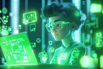 A 3D icon of a coder portrait with holographic interface computer screen and green coding lines in a cyberpunk theme