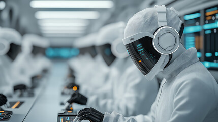 Poster - futuristic scene featuring robotic maintenance workers in high tech environment, showcasing advanced technology and sleek design. atmosphere is focused and efficient
