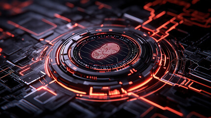 Fototapete - digital fingerprint design with glowing red accents dark background, showcasing intricate circuit patterns and technology elements. This futuristic image evokes sense of security and innovation