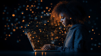 Aufkleber - young person with curly hair is focused on laptop, surrounded by glowing particles, creating vibrant atmosphere of learning and technology