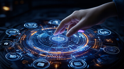 Aufkleber - close up of hand interacting with futuristic biometric interface, showcasing advanced technology and digital elements. glowing interface highlights innovation and precision