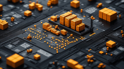 Aufkleber - detailed illustration of digital circuit board with orange cubes representing data storage and processing units, showcasing futuristic technology concept