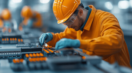 Poster - worker in orange jacket and helmet focuses on assembling electronic components in factory setting, showcasing precision and dedication