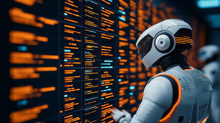 Aufkleber - Futuristic robot interacting with digital interface, showcasing advanced technology and automation. scene is illuminated with vibrant orange and blue lights, creating high tech atmosphere