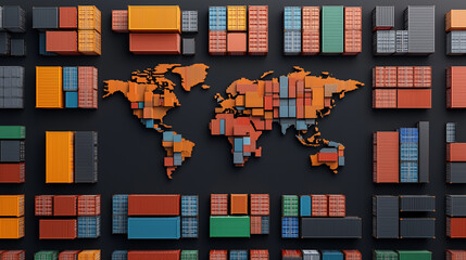 Poster - vibrant world map made of shipping containers, showcasing global trade. colorful arrangement highlights interconnectedness of international shipping and logistics