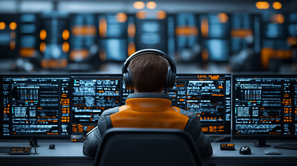 Poster - futuristic automation control room with person monitoring data on multiple screens, wearing headphones and orange jacket, creating high tech atmosphere