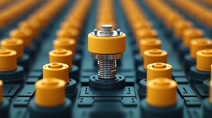 Poster - detailed view of mechanical component surrounded by similar parts, showcasing intricate design and engineering. vibrant colors and precise arrangement create striking visual impact