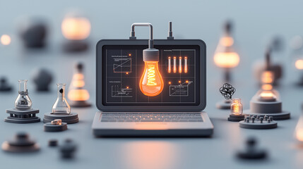 Poster - Innovative research scene featuring laptop with glowing light bulb, surrounded by laboratory equipment and glowing elements, symbolizing creativity and technology