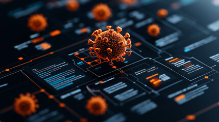 Fototapete - infographic displaying 3D model of virus with data updates on COVID 19. design features vibrant colors and interconnected information, emphasizing ongoing pandemic