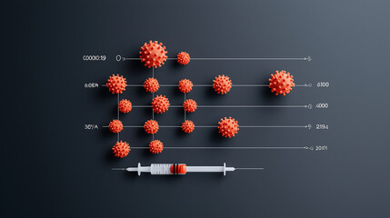 Fototapete - Recent updates on COVID 19 are illustrated with red virus models and syringe, highlighting ongoing health crisis. This infographic emphasizes importance of vaccination and awareness