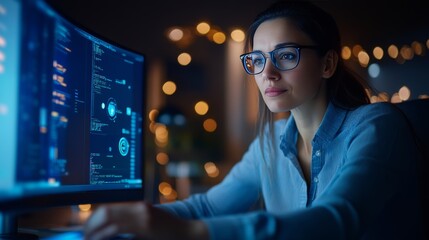 Focused Woman Working on Computer with Modern Technology at Night