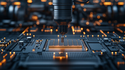 Poster - advanced robotic arm working on microchip in high tech environment, showcasing intricate circuitry and glowing components. scene highlights innovation and precision in technology