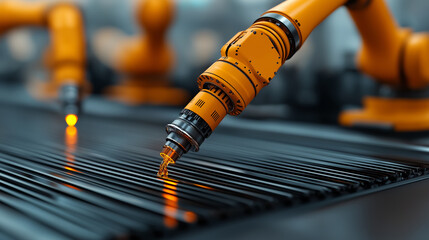 Leinwandbilder - advanced industrial robotic arm working on metal rods, showcasing precision and technology in manufacturing. scene highlights innovation and automation in modern industry