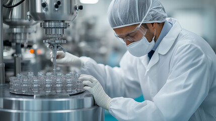 Poster - scientist in lab carefully works on new experiments, wearing protective gear and focused on precision. sterile environment highlights importance of safety and innovation